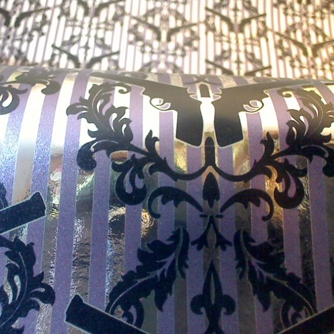 Thug Stripe - Purple Guns and Bullet Crest on Silver Shiny Mylar Wallcovering | DW Bespoke Studios