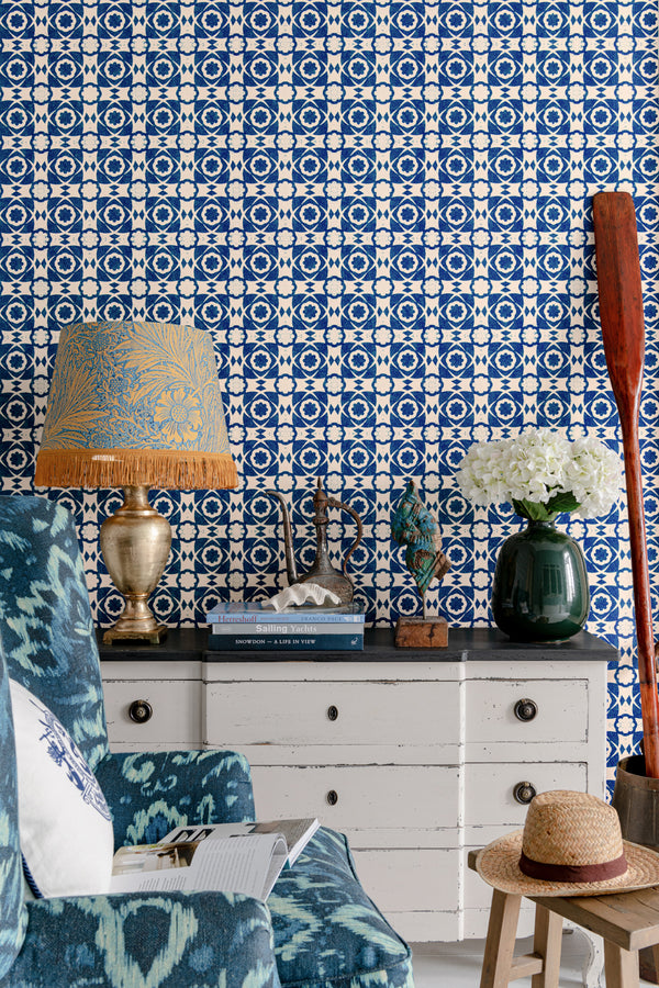 Aegean Tiles - Indigo Wallcovering | Mind the Gap