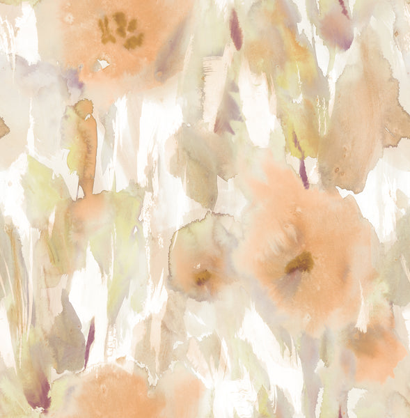 Malibu Watercolor Floral Wallpaper - Contemporary Floral - Cantaloupe, Gold, & Taupe | Malibu Wallpaper