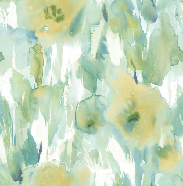 Watercolor Floral Contemporary Floral - Lime Green, Teal, & Off-White | Architectural Wallcoverings