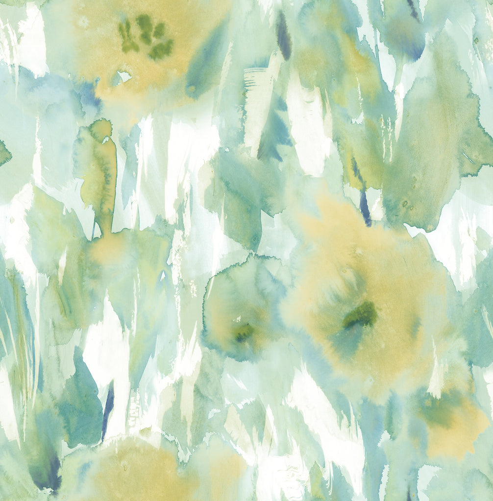 Malibu Watercolor Floral Wallpaper - Contemporary Floral - Lime Green, Teal, & Off-White | Malibu Wallpaper