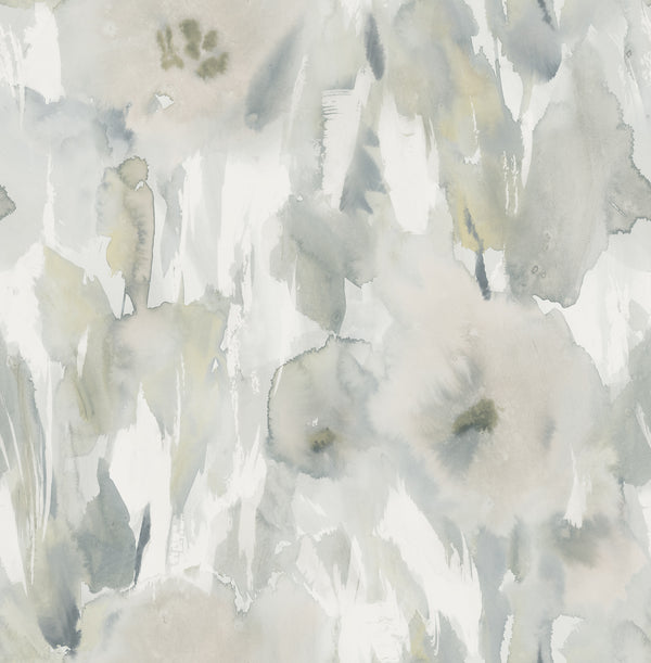 Watercolor Floral Contemporary Floral - Metallic Champagne, Gray, & Off-White | Architectural Wallcoverings
