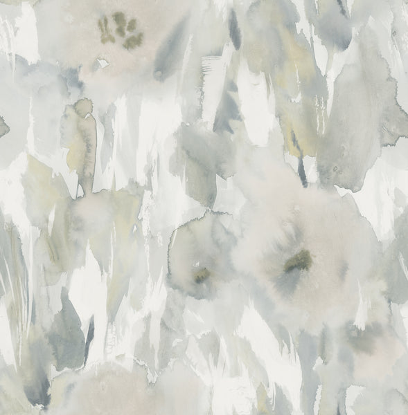 Malibu Watercolor Floral Wallpaper - Contemporary Floral - Metallic Champagne, Gray, & Off-White | Malibu Wallpaper