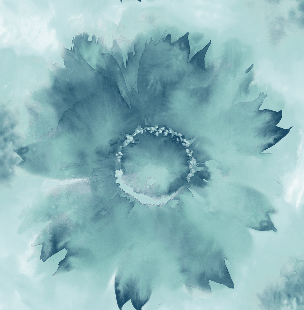 Malibu Watercolor Sunflower Wallpaper - Contemporary Floral - Metallic Teal & Ice Blue | Malibu Wallpaper