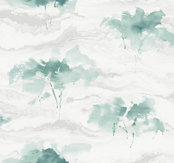Brushstroke Trees Contemporary Abstract - Metallic Teal & Pearl | Architectural Wallcoverings