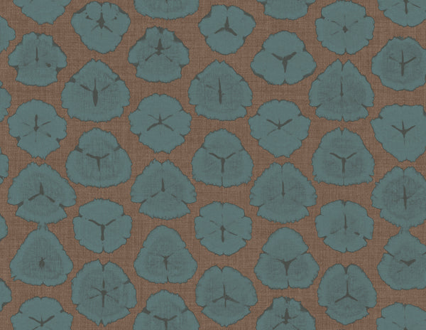 Shibori Blossoms Contemporary Floral - Metallic Blue & Cedar Brown | Architectural Wallcoverings