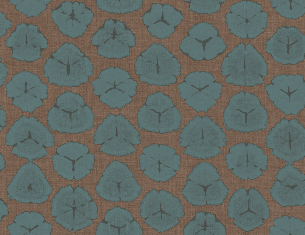Malibu Shibori Blossoms Wallpaper - Contemporary Floral - Metallic Blue & Cedar Brown | Malibu Wallpaper