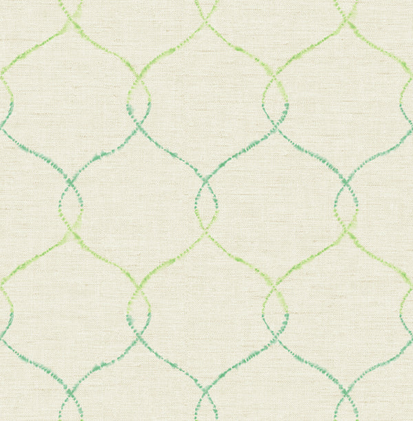 Shibori Lattice Contemporary Floral - Lime Green, Teal, and Metallic Pearl | Architectural Wallcoverings