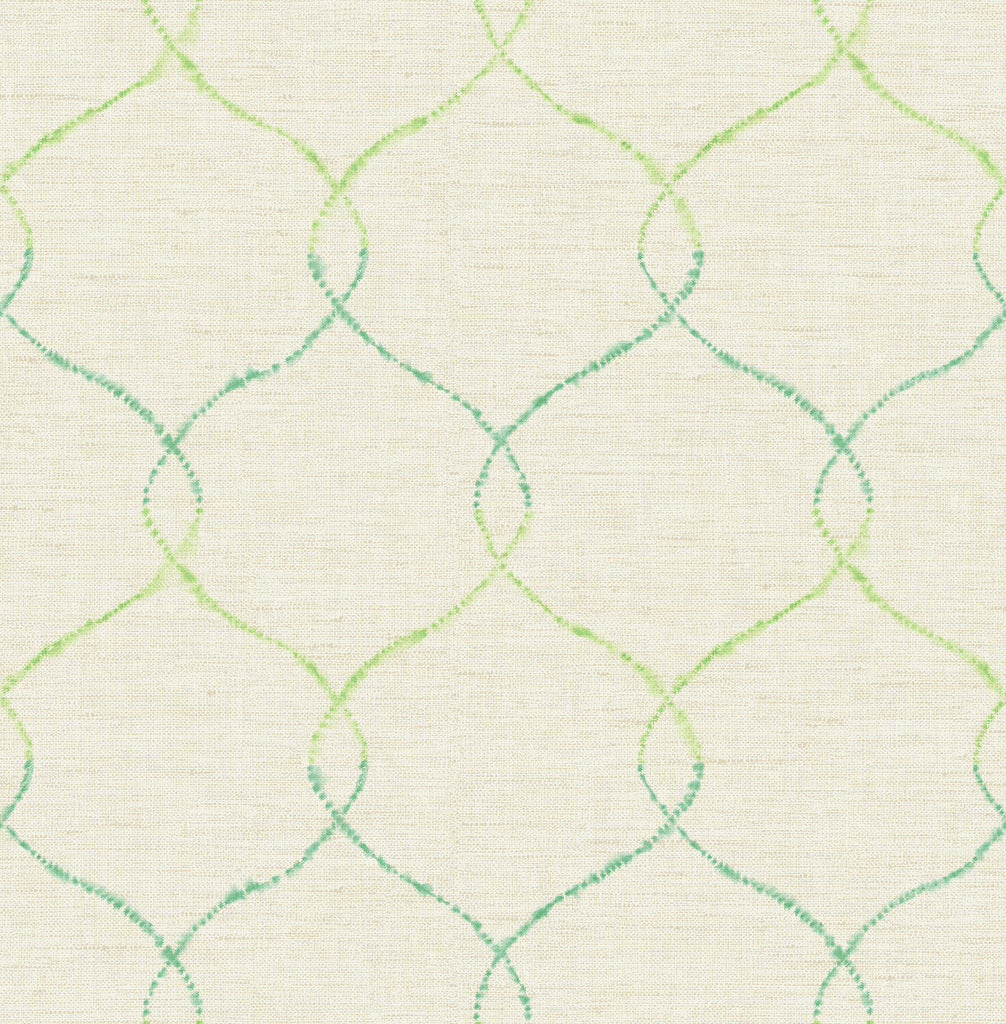 Malibu Shibori Lattice Wallpaper - Contemporary Floral - Lime Green, Teal, and Metallic Pearl | Malibu Wallpaper