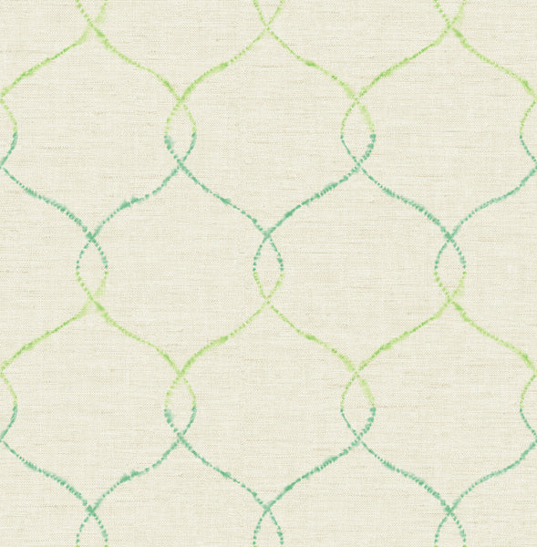 Malibu Shibori Lattice Wallpaper - Contemporary Floral - Lime Green, Teal, and Metallic Pearl | Malibu Wallpaper