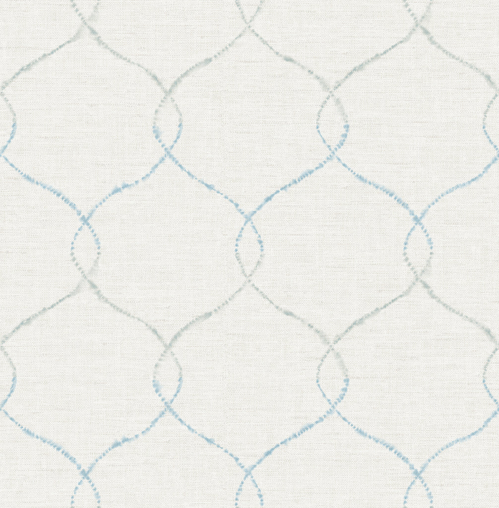Malibu Shibori Lattice Wallpaper - Contemporary Floral - Sky Blue, Gray, & Metallic Pearl | Malibu Wallpaper
