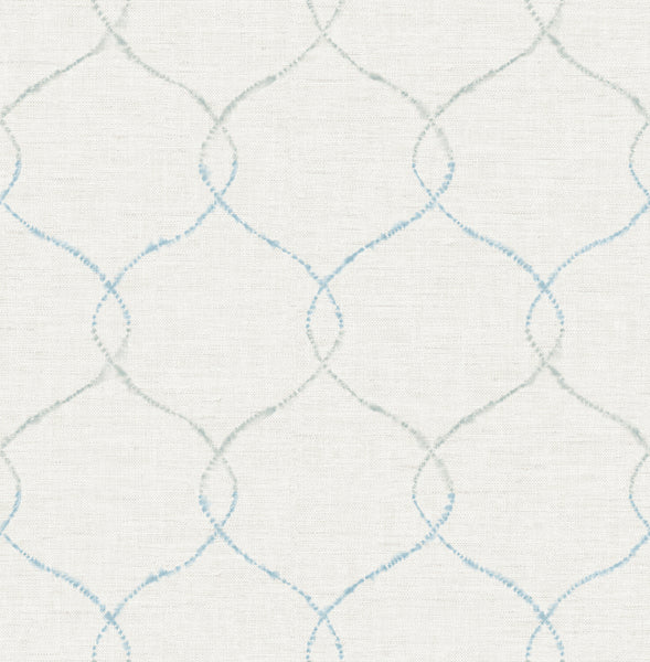 Malibu Shibori Lattice Wallpaper - Contemporary Floral - Sky Blue, Gray, & Metallic Pearl | Malibu Wallpaper