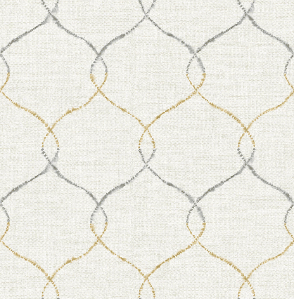 Malibu Shibori Lattice Wallpaper - Contemporary Floral - Antique Gold, Gray, & Metallic Pearl | Malibu Wallpaper