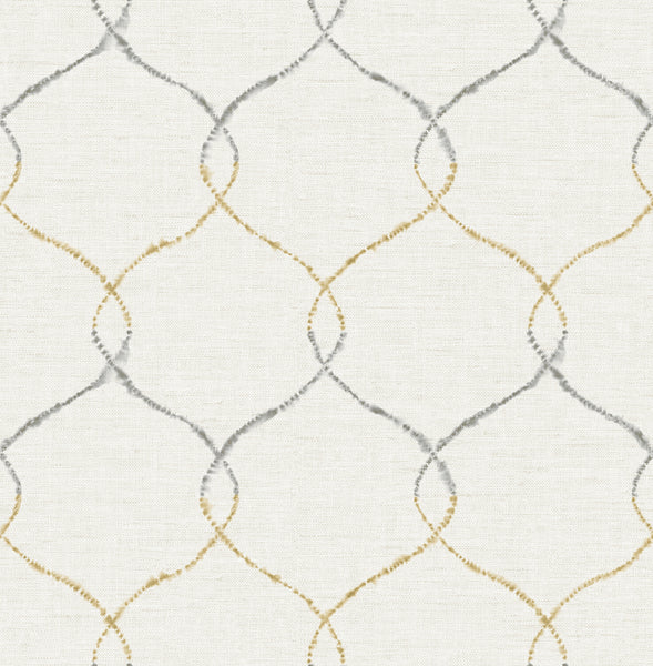 Malibu Shibori Lattice Wallpaper - Contemporary Floral - Antique Gold, Gray, & Metallic Pearl | Malibu Wallpaper