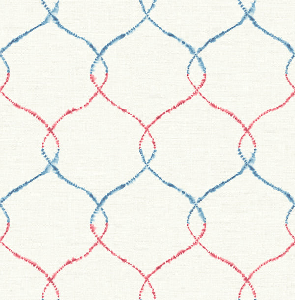 Shibori Lattice Contemporary Floral - Royal Blue, Ruby, & Metallic Pearl | Architectural Wallcoverings