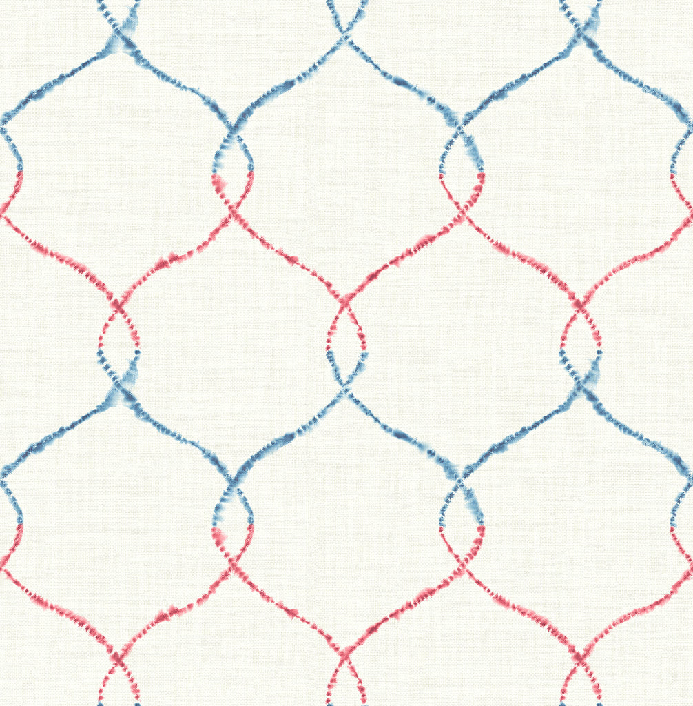 Malibu Shibori Lattice Wallpaper - Contemporary Floral - Royal Blue, Ruby, & Metallic Pearl | Malibu Wallpaper