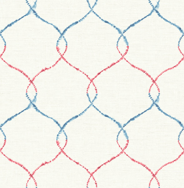 Malibu Shibori Lattice Wallpaper - Contemporary Floral - Royal Blue, Ruby, & Metallic Pearl | Malibu Wallpaper