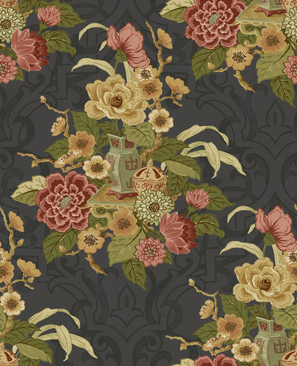 Dynasty Floral Traditional Floral Metallic Ebony | Architectural Wallcoverings