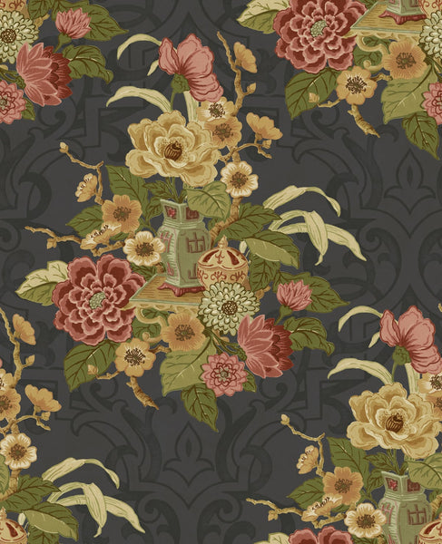 Malibu Dynasty Floral Wallpaper - Traditional Floral - Metallic Ebony | Malibu Wallpaper