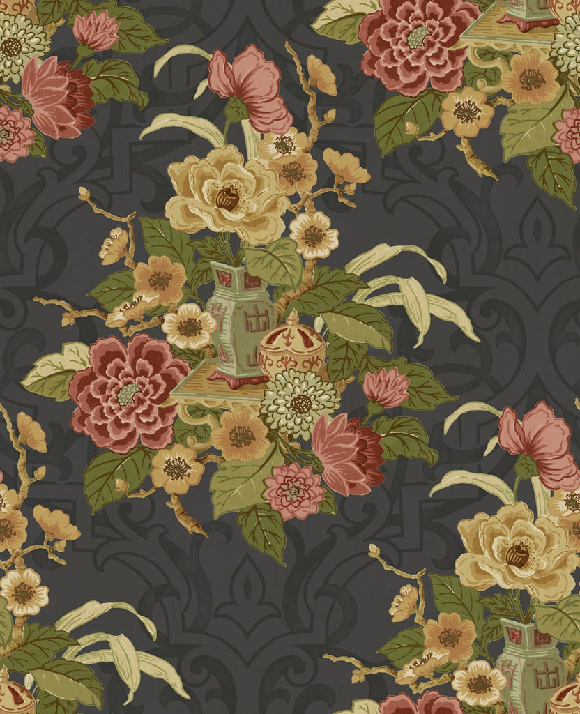 Malibu Dynasty Floral Wallpaper - Traditional Floral - Metallic Ebony | Malibu Wallpaper