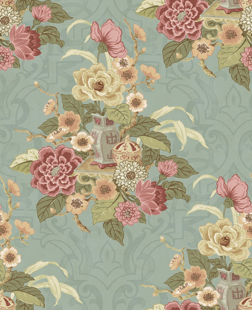 Malibu Dynasty Floral Wallpaper - Traditional Floral - Metallic Blue Mist | Malibu Wallpaper
