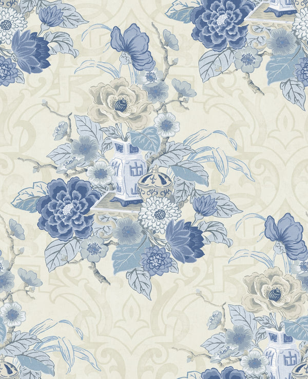Dynasty Floral Traditional Floral Metallic Linen and Blue | Architectural Wallcoverings
