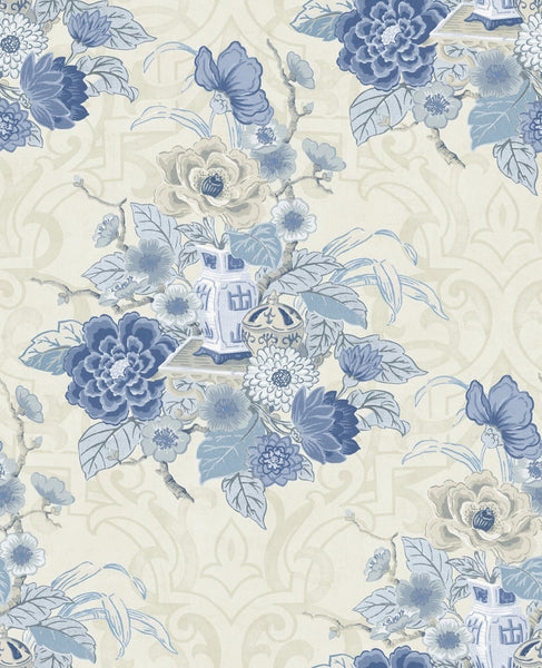 Malibu Dynasty Floral Wallpaper - Traditional Floral - Metallic Linen and Blue | Malibu Wallpaper