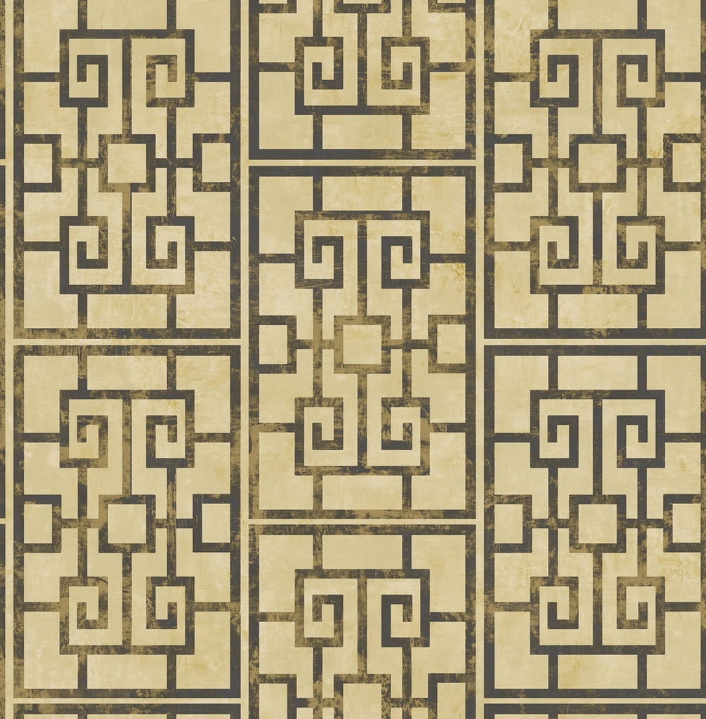 Malibu Dynasty Lattice Wallpaper - Traditional Geometric - Metallic Gold and Ebony | Malibu Wallpaper