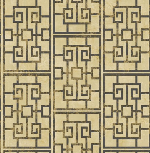 Malibu Dynasty Lattice Wallpaper - Traditional Geometric - Metallic Gold and Ebony | Malibu Wallpaper
