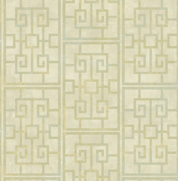 Malibu Dynasty Lattice Wallpaper - Traditional Geometric - Metallic Pearl and Mint | Malibu Wallpaper