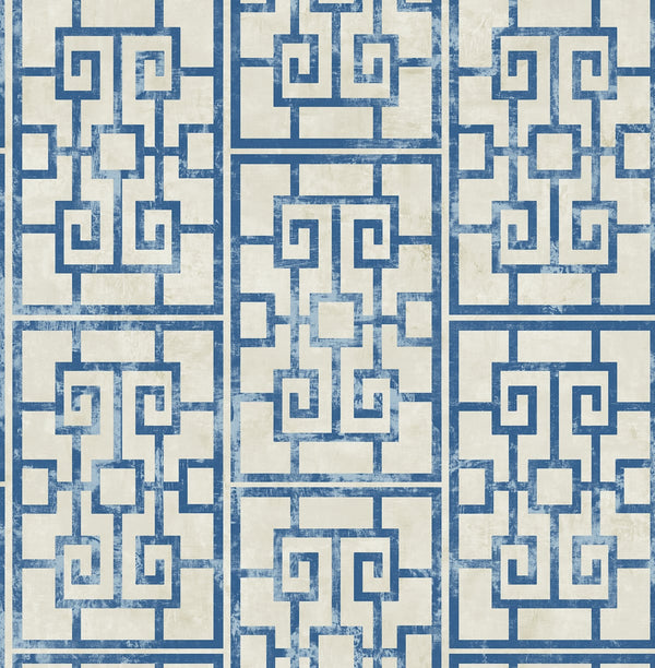 Dynasty Lattice Traditional Geometric Metallic Pearl and Azure Blue | Architectural Wallcoverings