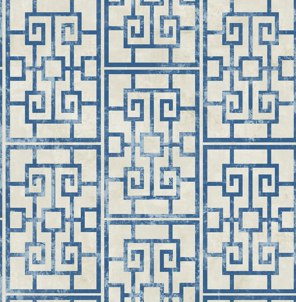 Malibu Dynasty Lattice Wallpaper - Traditional Geometric - Metallic Pearl and Azure Blue | Malibu Wallpaper