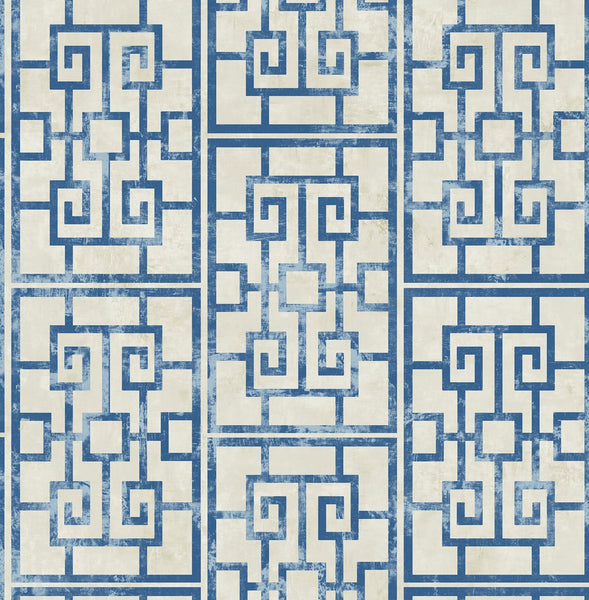 Malibu Dynasty Lattice Wallpaper - Traditional Geometric - Metallic Pearl and Azure Blue | Malibu Wallpaper