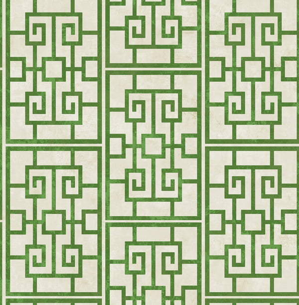 Dynasty Lattice Traditional Geometric Metallic Pearl and Emerald Green | Architectural Wallcoverings