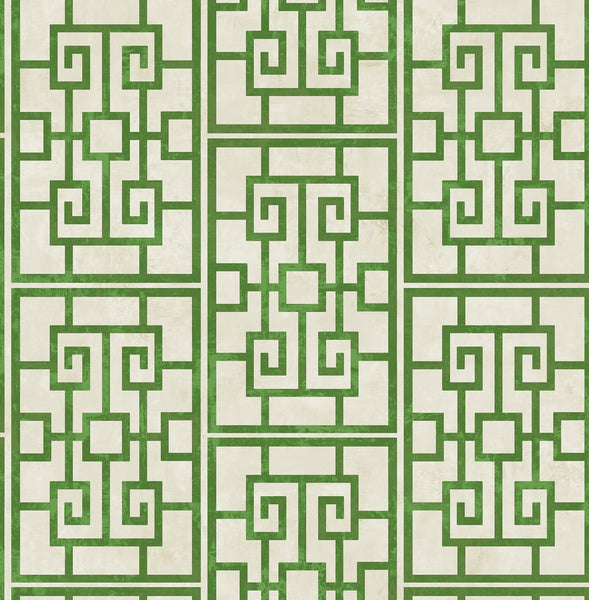 Malibu Dynasty Lattice Wallpaper - Traditional Geometric - Metallic Pearl and Emerald Green | Malibu Wallpaper