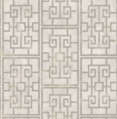 Dynasty Lattice Traditional Geometric Metallic Pearl and Gray | Architectural Wallcoverings