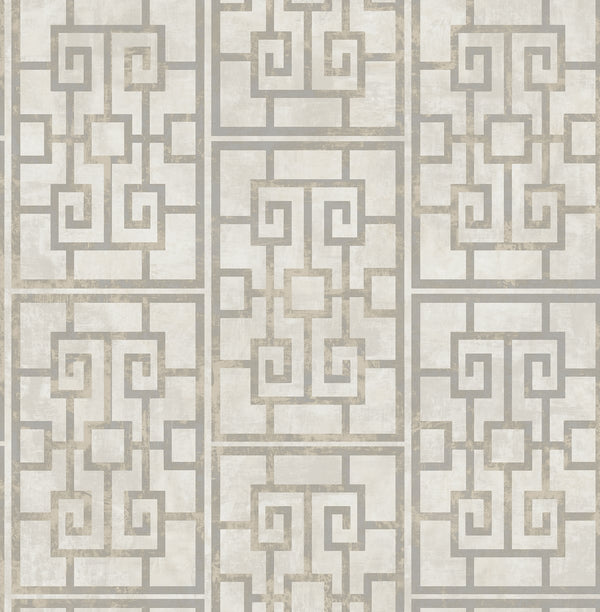 Dynasty Lattice Traditional Geometric Metallic Pearl and Gray | Architectural Wallcoverings