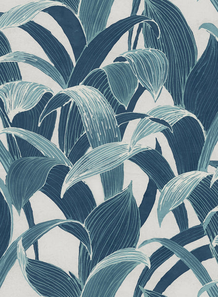 Malibu Imperial Banana Groves Wallpaper - Traditional Botanical - Metallic Pearl and Azure Blue | Malibu Wallpaper