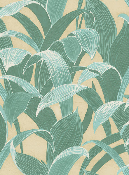 Malibu Imperial Banana Groves Wallpaper - Traditional Botanical - Metallic Gold and Sea Green | Malibu Wallpaper