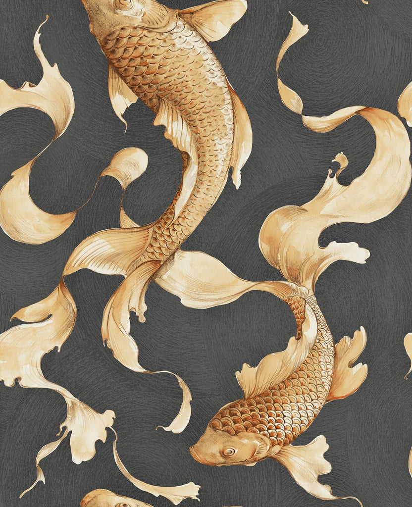 Malibu Koi Fish Wallpaper - Traditional Animal Print - Metallic Gold and Ebony | Malibu Wallpaper
