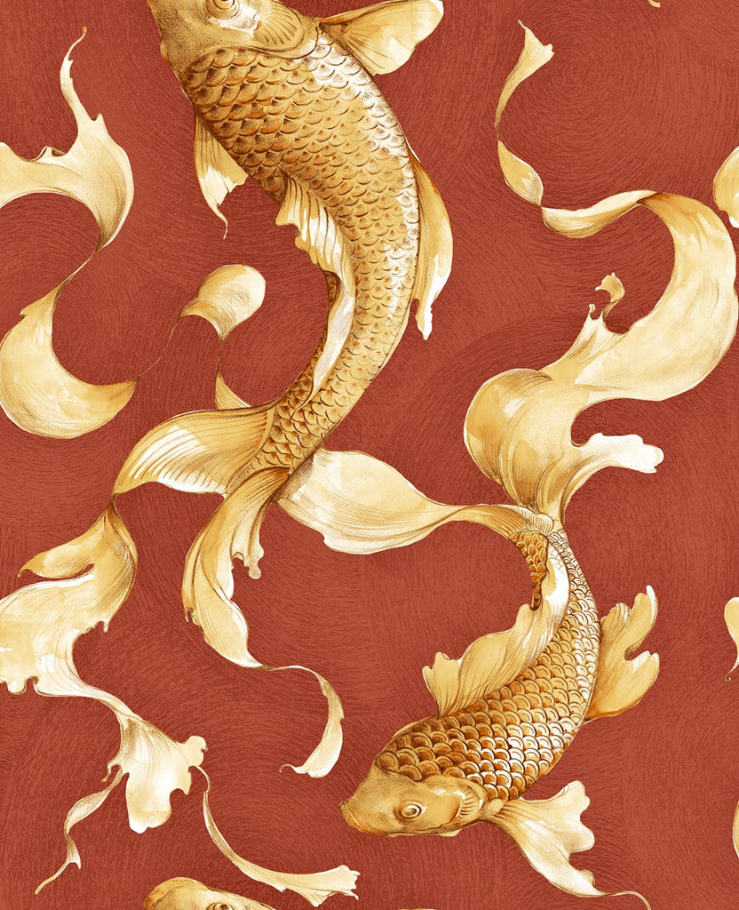 Malibu Koi Fish Wallpaper - Traditional Animal Print - Metallic Gold and Crimson | Malibu Wallpaper