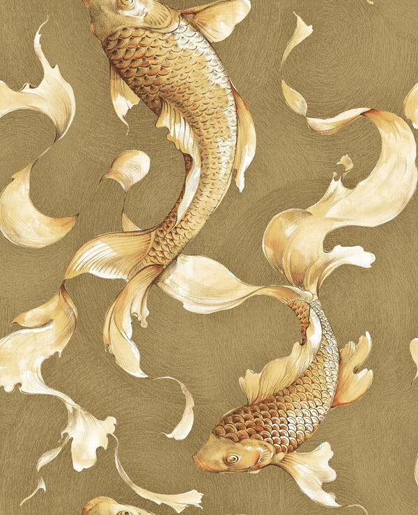 Koi Fish Traditional Animal Print Metallic Gold and Toffee | Architectural Wallcoverings
