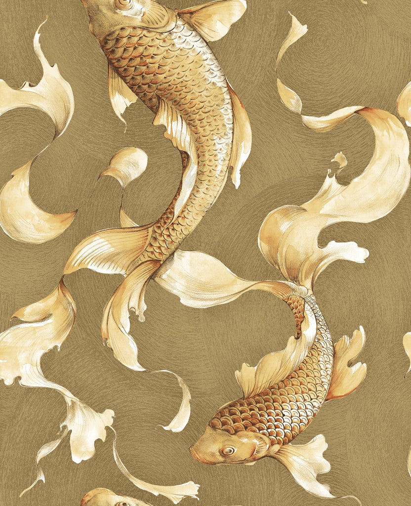 Malibu Koi Fish Wallpaper - Traditional Animal Print - Metallic Gold and Toffee | Malibu Wallpaper