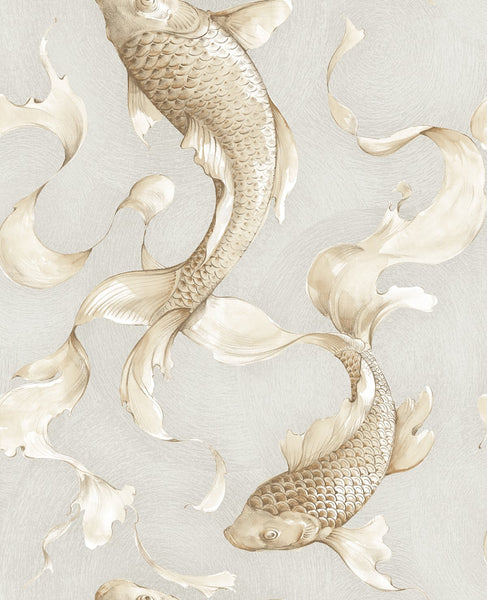 Malibu Koi Fish Wallpaper - Traditional Animal Print - Gold and Gray | Malibu Wallpaper