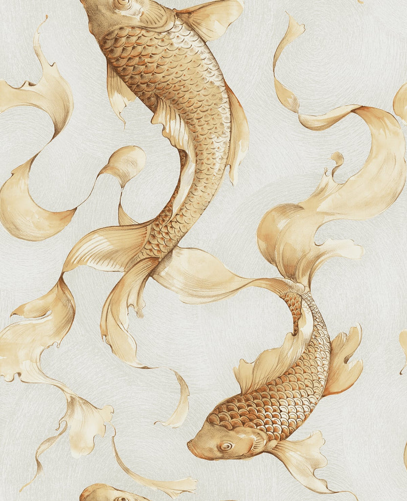 Malibu Koi Fish Wallpaper - Traditional Animal Print - Metallic Gold and Off-White | Malibu Wallpaper