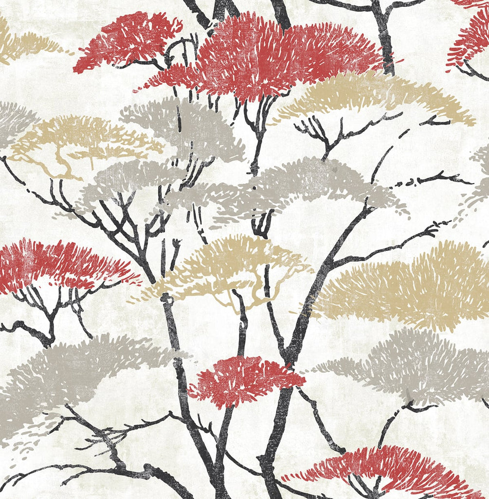 Malibu Confucius Tree Wallpaper - Traditional Botanical - Metallic Gold, Silver, and Crimson | Malibu Wallpaper