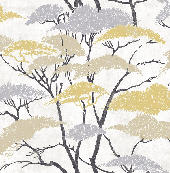 Malibu Confucius Tree Wallpaper - Traditional Botanical - Metallic Gold and Silver | Malibu Wallpaper