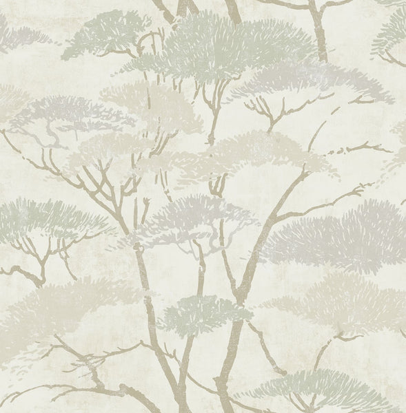 Malibu Confucius Tree Wallpaper - Traditional Botanical - Silver and Pearl | Malibu Wallpaper