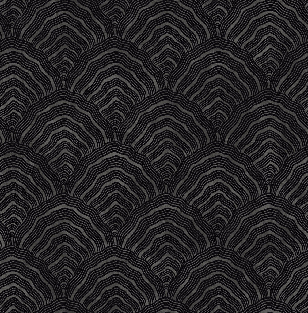 Malibu Confucius Scallop Wallpaper - Traditional Geometric - Ebony and Metallic Mocha | Malibu Wallpaper