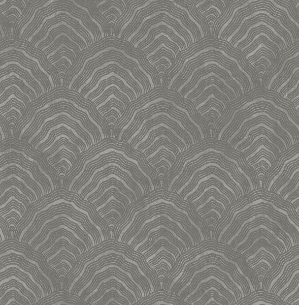 Malibu Confucius Scallop Wallpaper - Traditional Geometric - Charcoal and Metallic Silver | Malibu Wallpaper